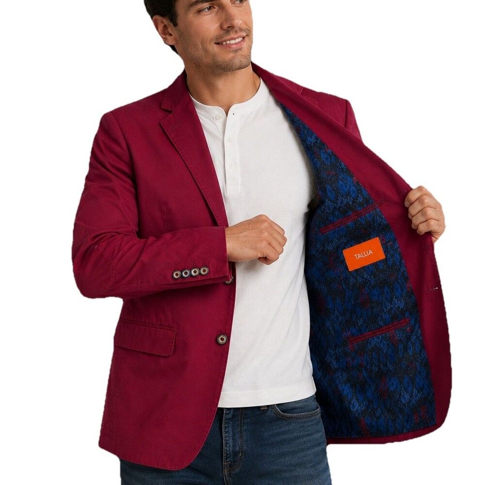 Tallia Mens 38S Burgundy Sport Coat Floral Lining Elbow Patches Cotton